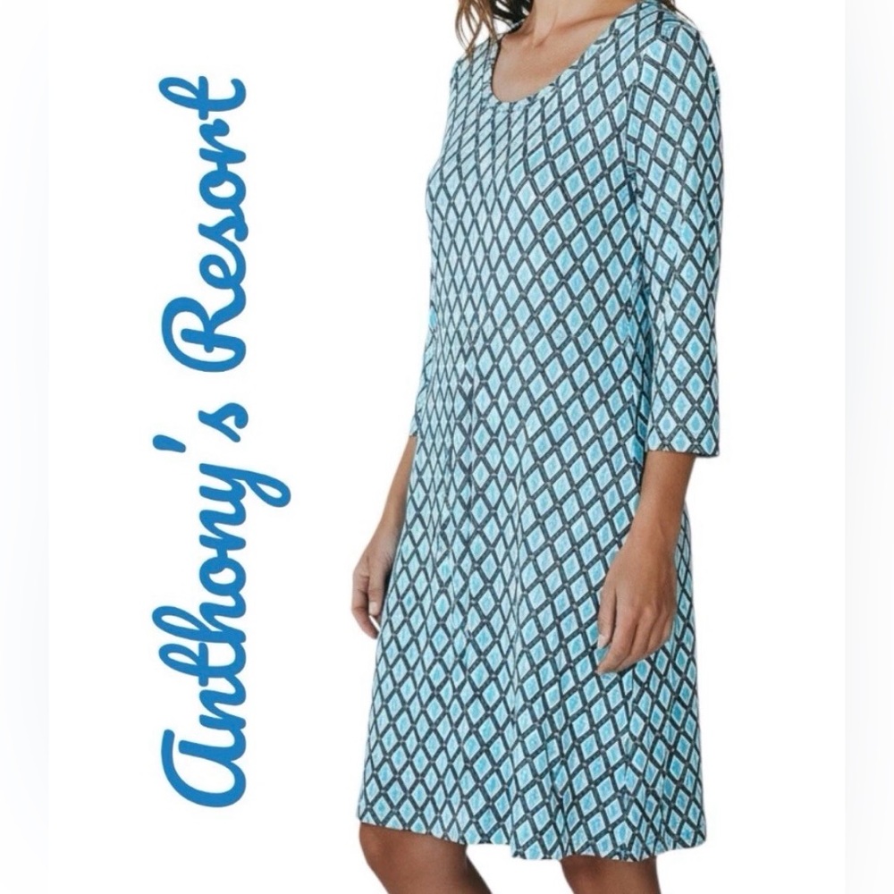 Anthony’s Resort Wear Size M Medium Teal Patterned Midi Dress Cool Stretchy